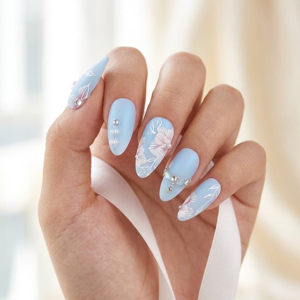 Blue Floral Diamond press-on nails