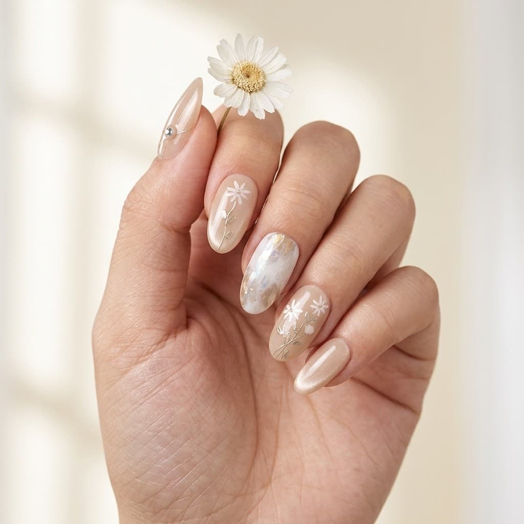 Cappuccino Daisy Gleam press-on nails
