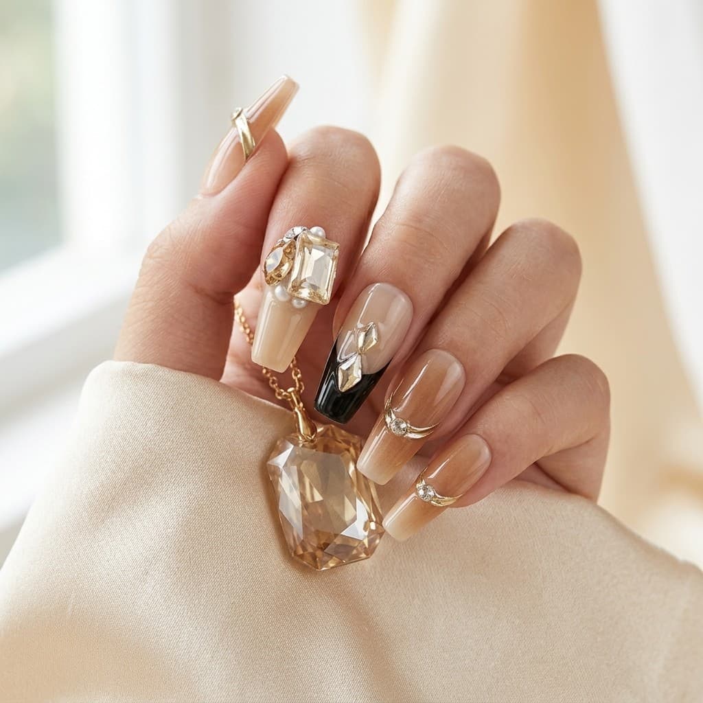 Black French Jewels press-on nails