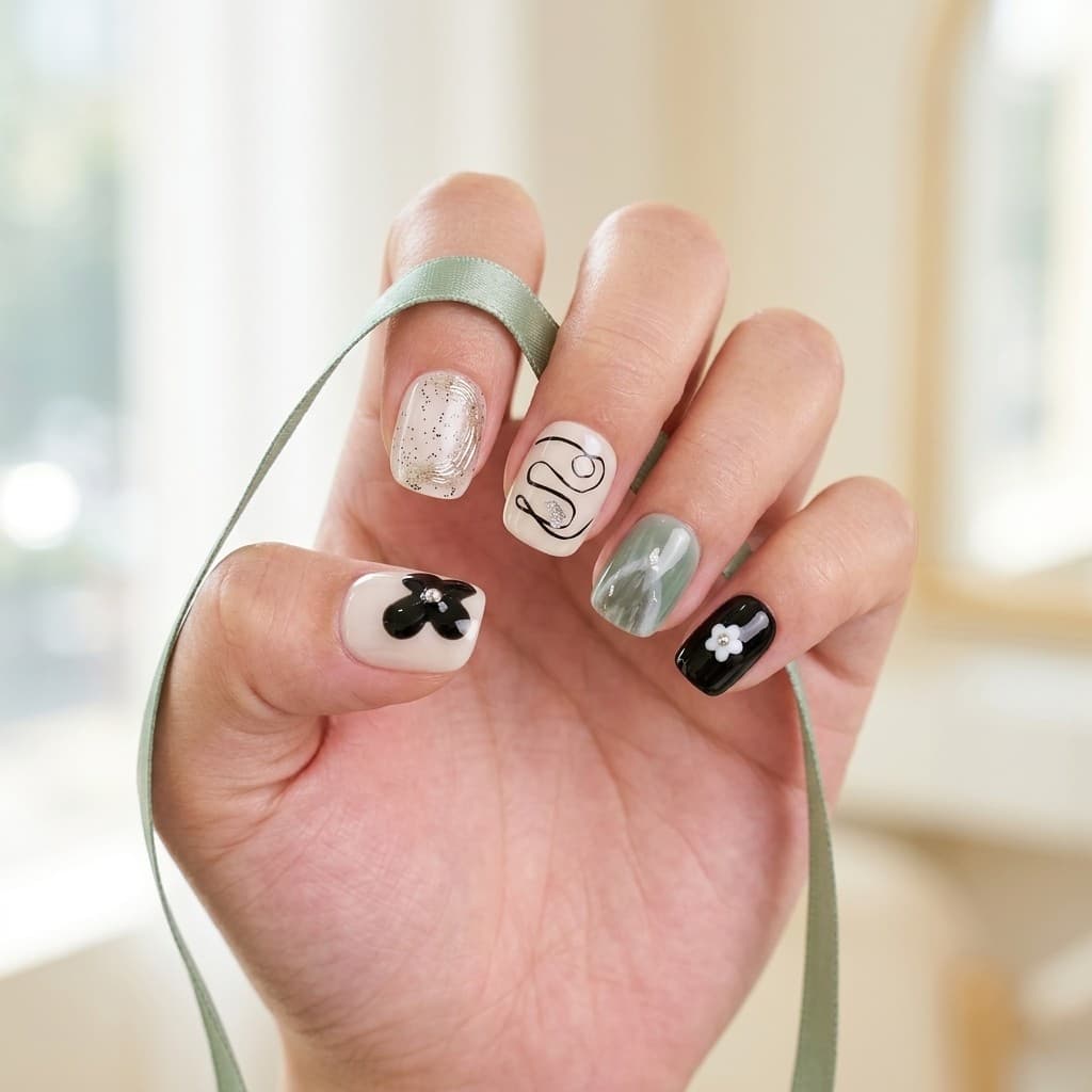Inky Blossoms press-on nails