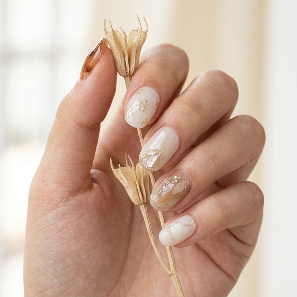Marble Blossom press-on nails