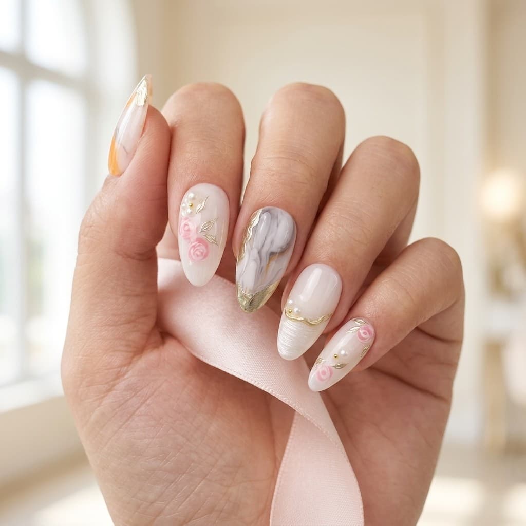 Oriental Rose Marble press-on nails