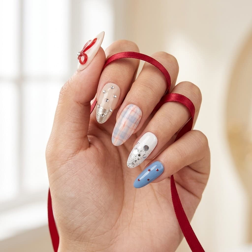 Red Bow Dazzle press-on nails