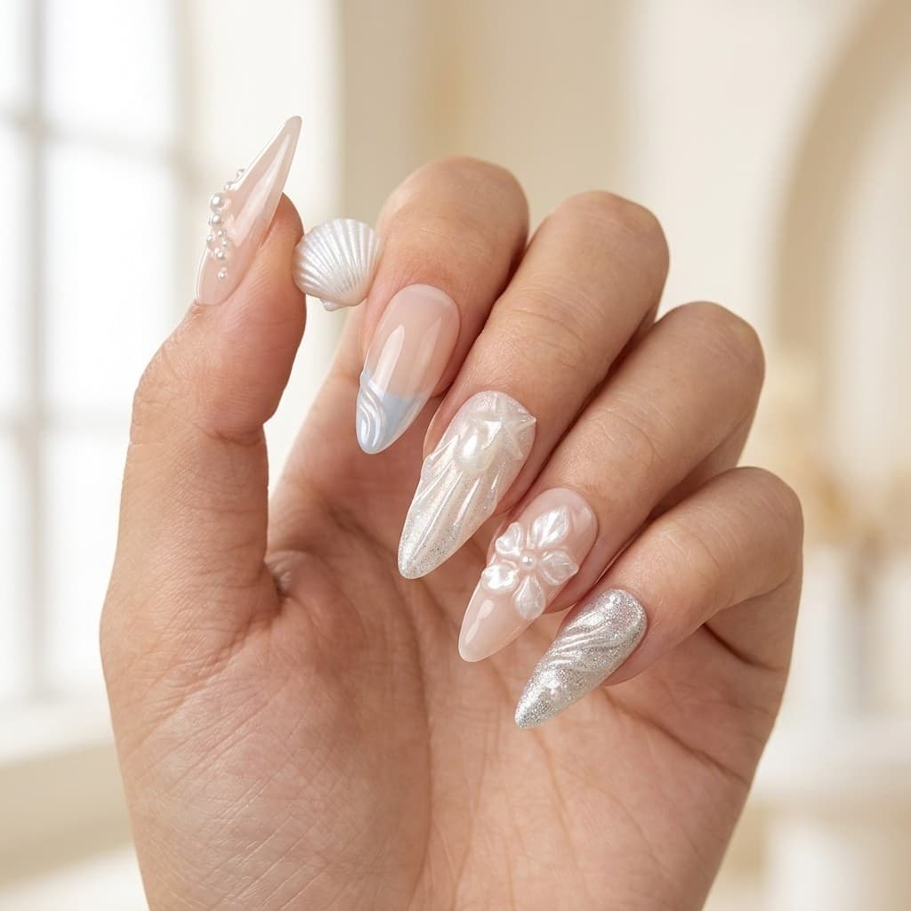 Ocean Pearl Blossom press-on nails