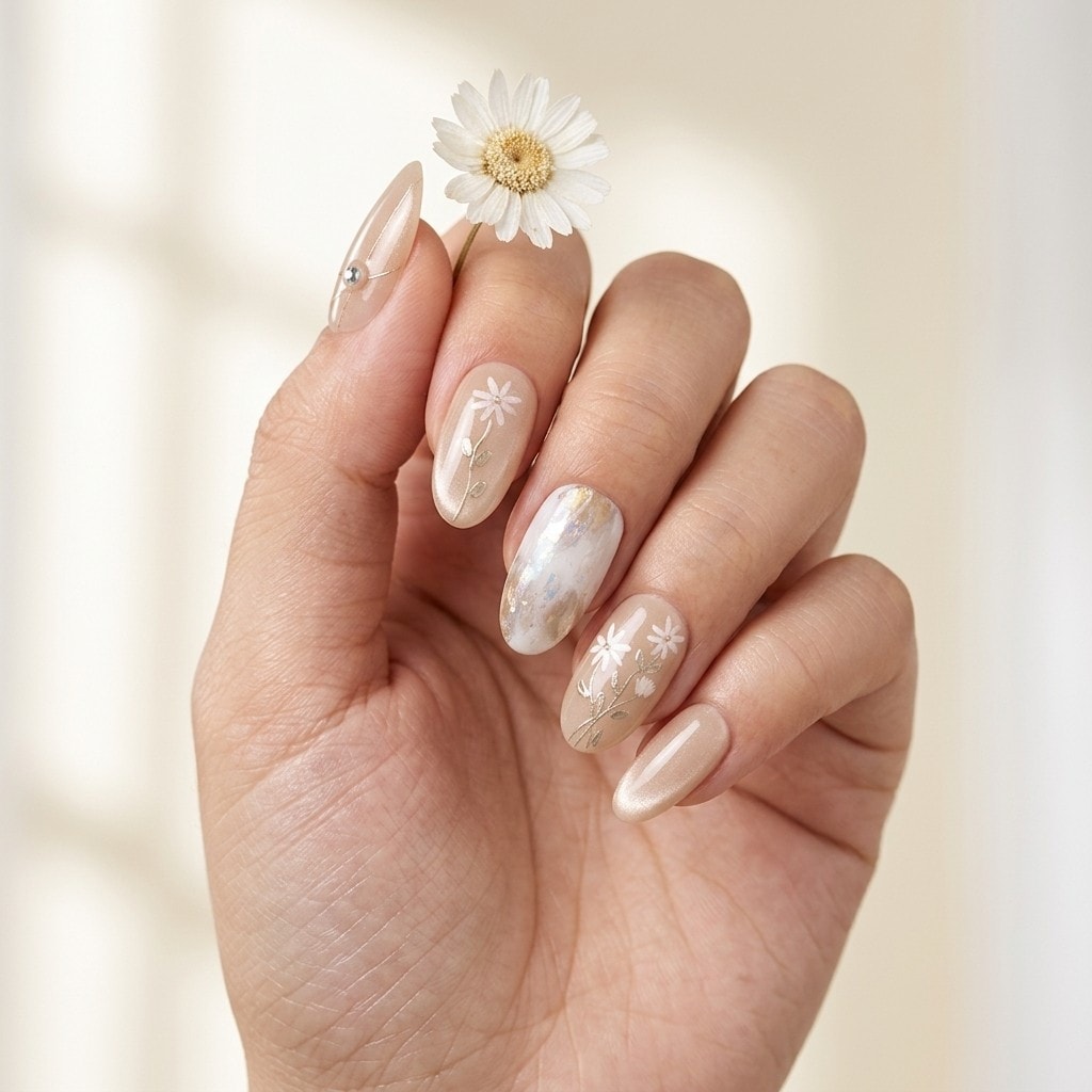 Cappuccino Daisy Gleam press-on nails