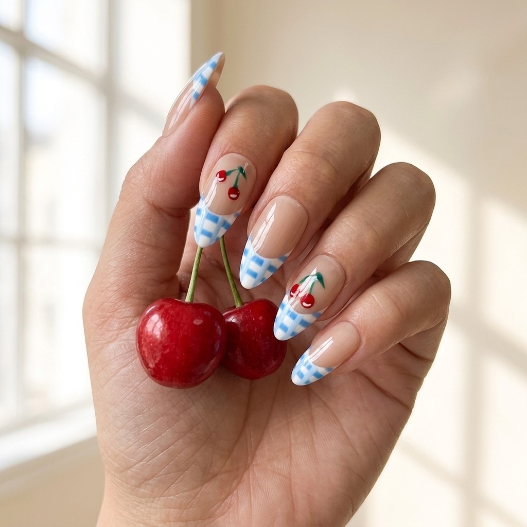 Blue Gingham Cherry press-on nails
