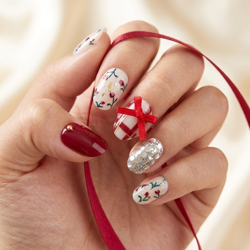 Crimson Bow press-on nails