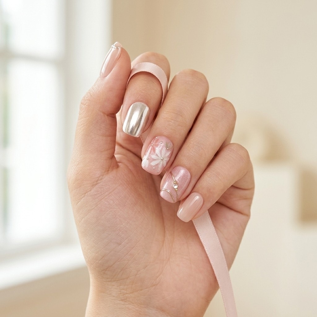 Blush Metallic Bloom press-on nails