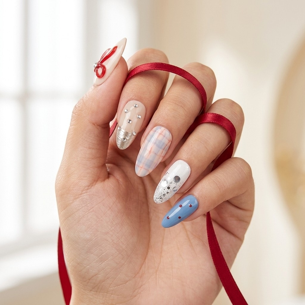 Red Bow Dazzle press-on nails