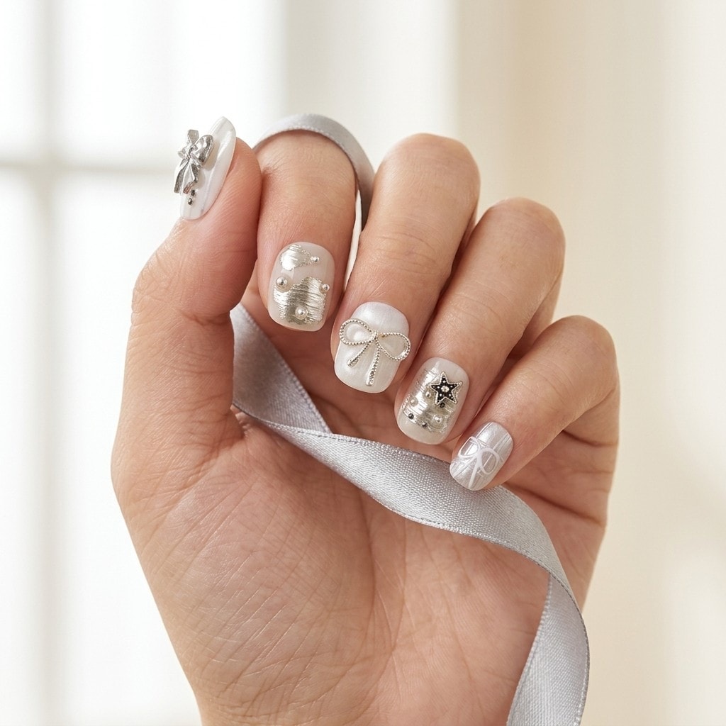 Silver Bow press-on nails