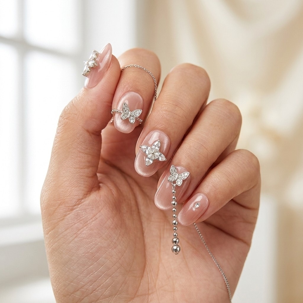 Silver Butterfly Cat Eye press-on nails