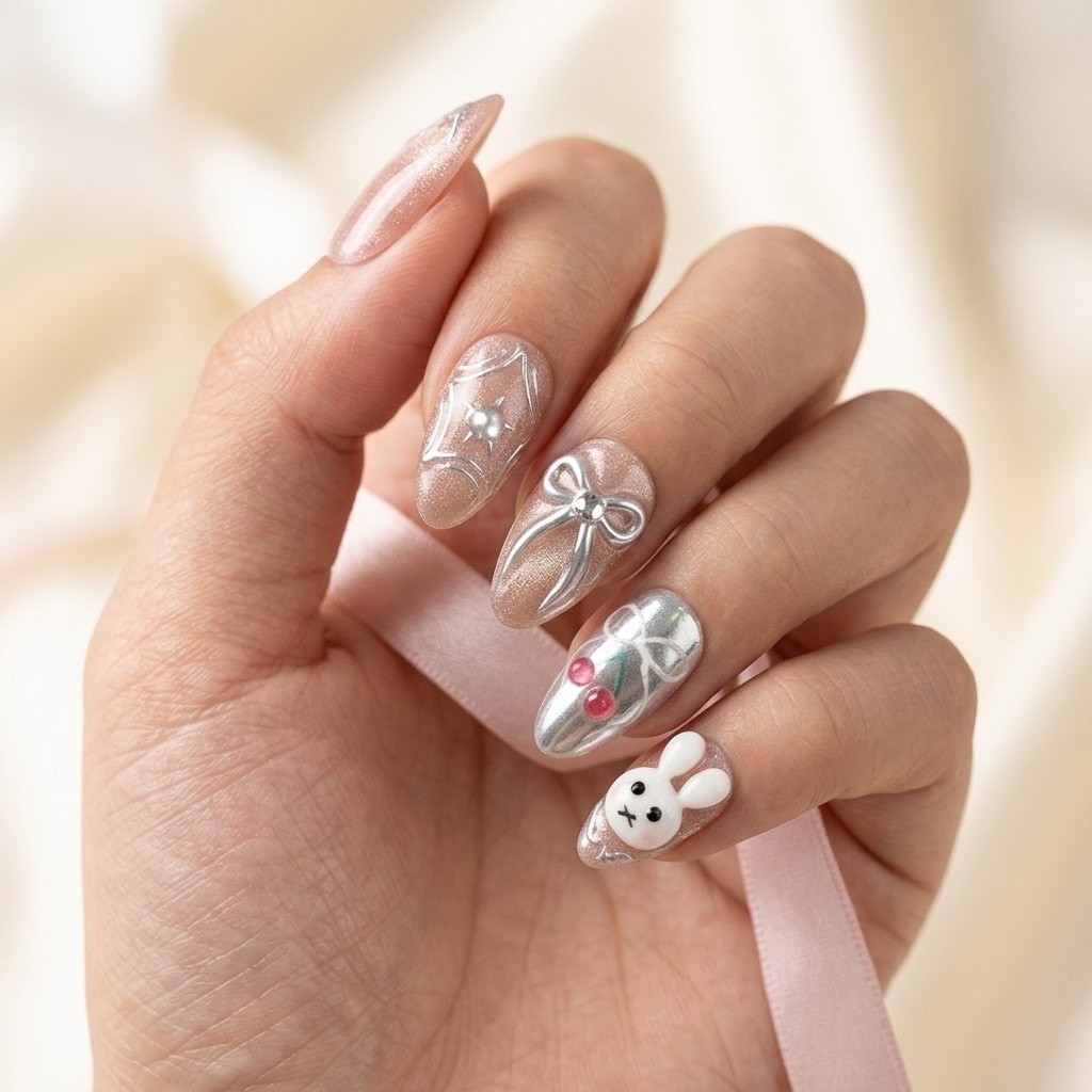 Silver Glitter Bunny press-on nails