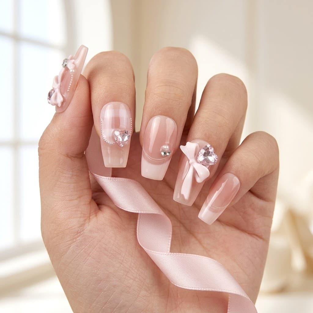 Cherry Bow Crush press-on nails