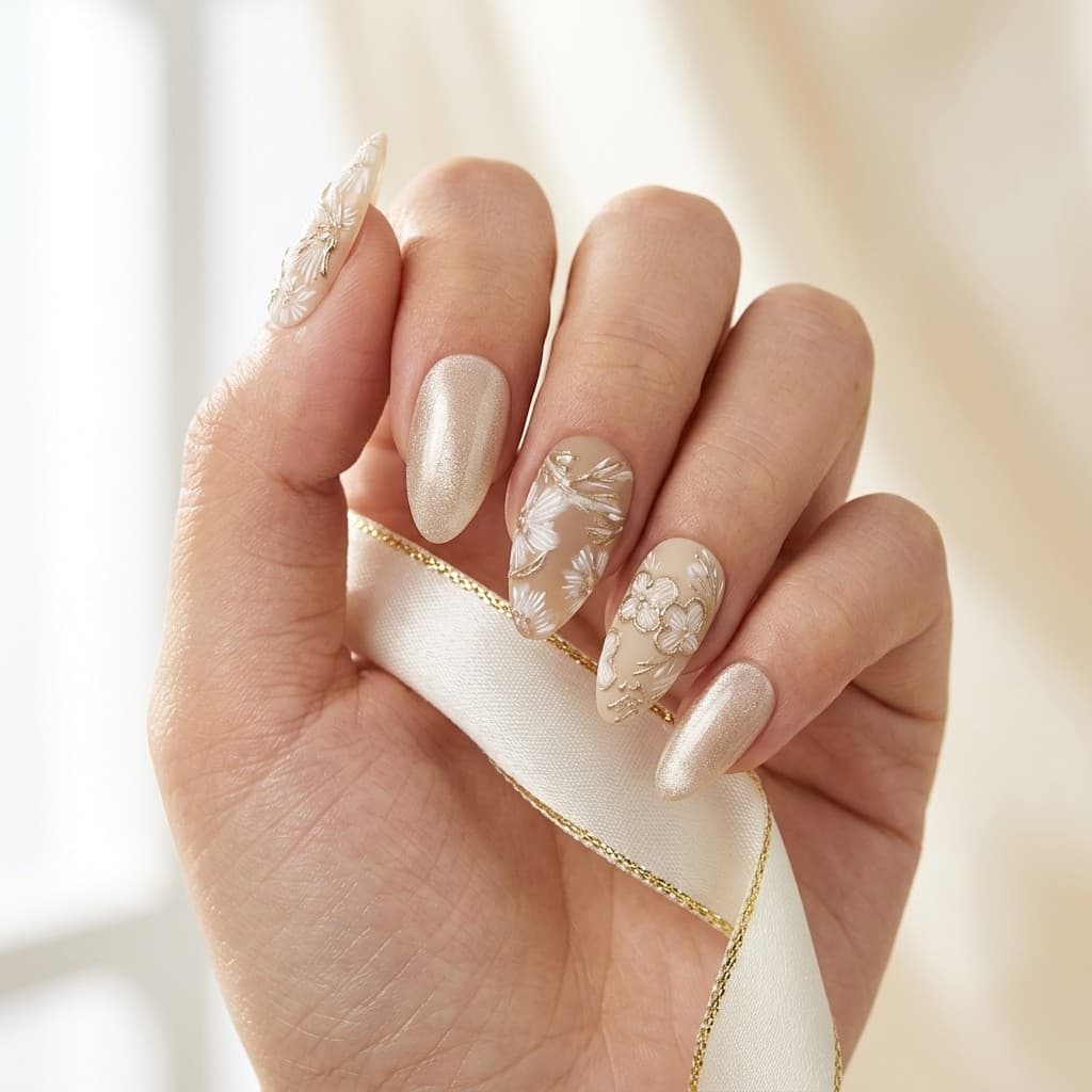 Golden Brown Floral Shine press-on nails