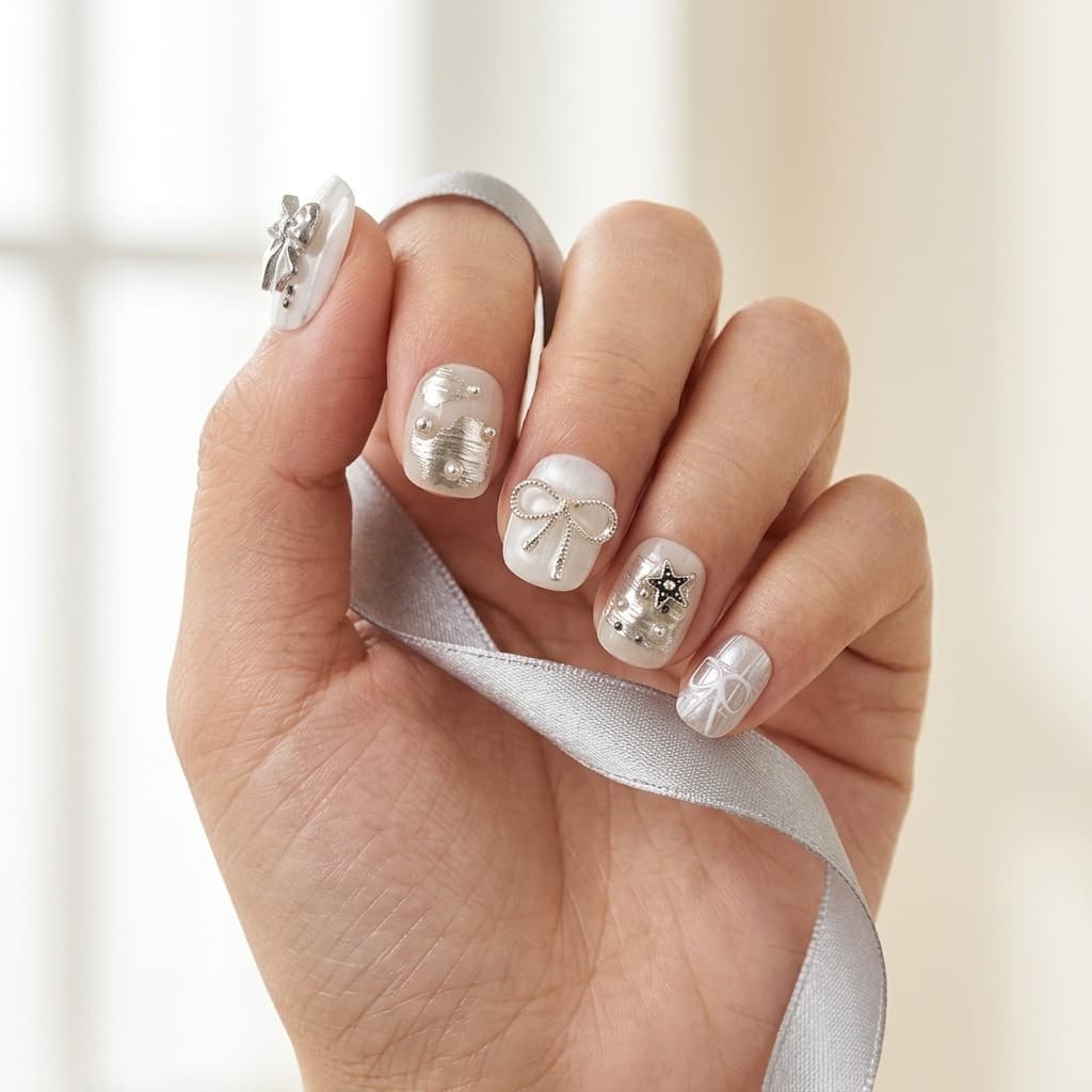 Silver Bow press-on nails